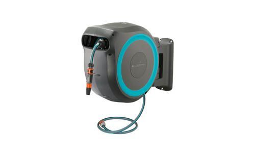 Wall-mounted Gardena hose reel