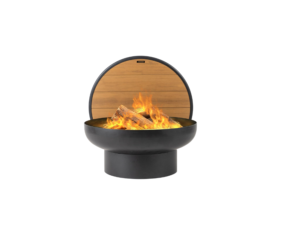 Black fire pit with a wood cove