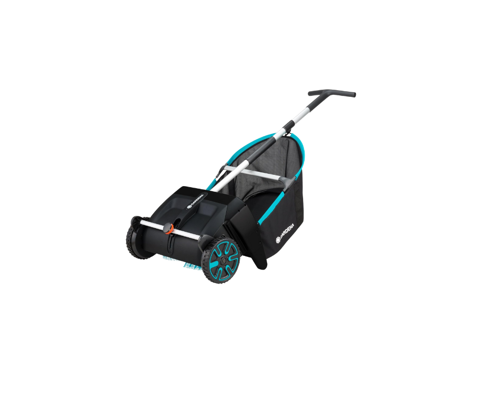 Black and teal lawn sweeper with a handle and wheels