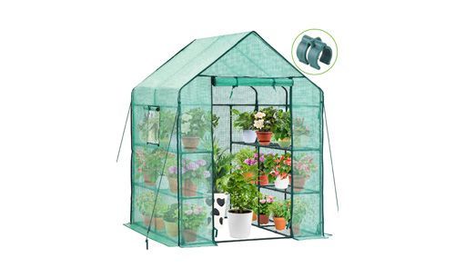 Green portable greenhouse with plants on shelves