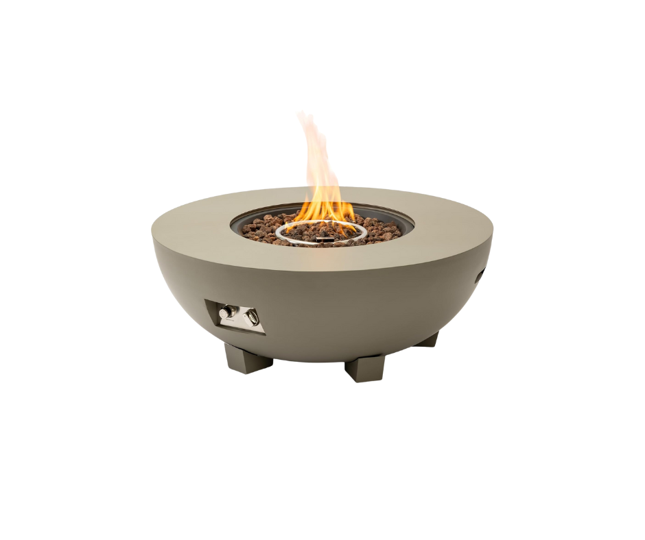 Round outdoor fire pit with flames