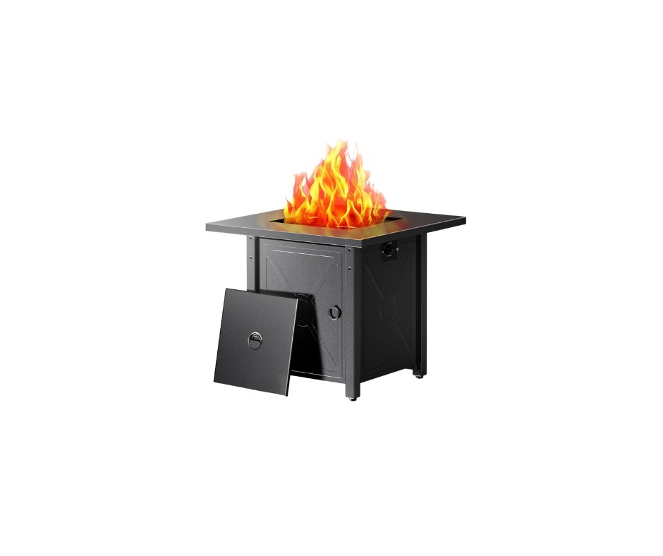 Square black fire pit with flames
