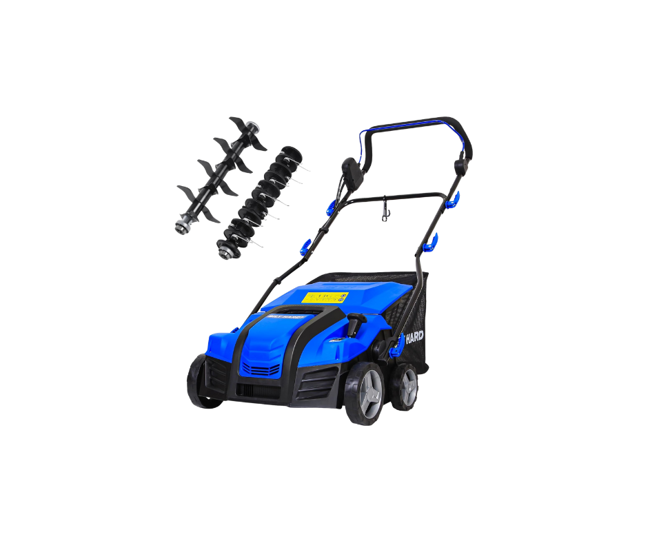Blue and black electric lawn aerator