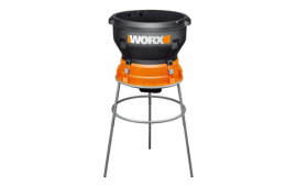 Orange and black worx leaf mulcher on a silver tripod stand