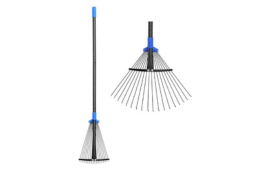 Metal leaf rake with a black handle and blue grip