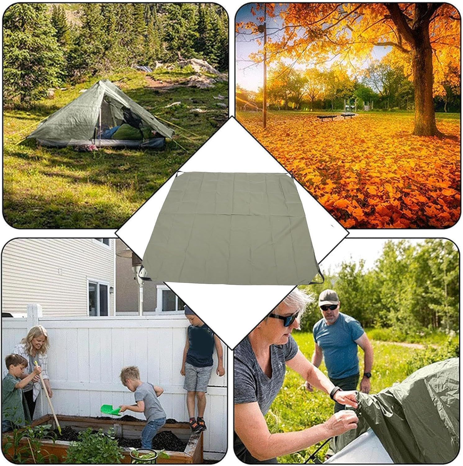 Four scenes with a tent tarp in the center