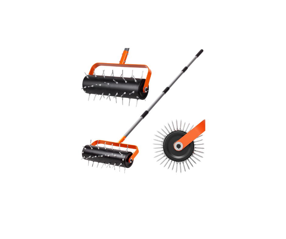 Orange and black lawn aerator with spiked rollers and an adjustable handle