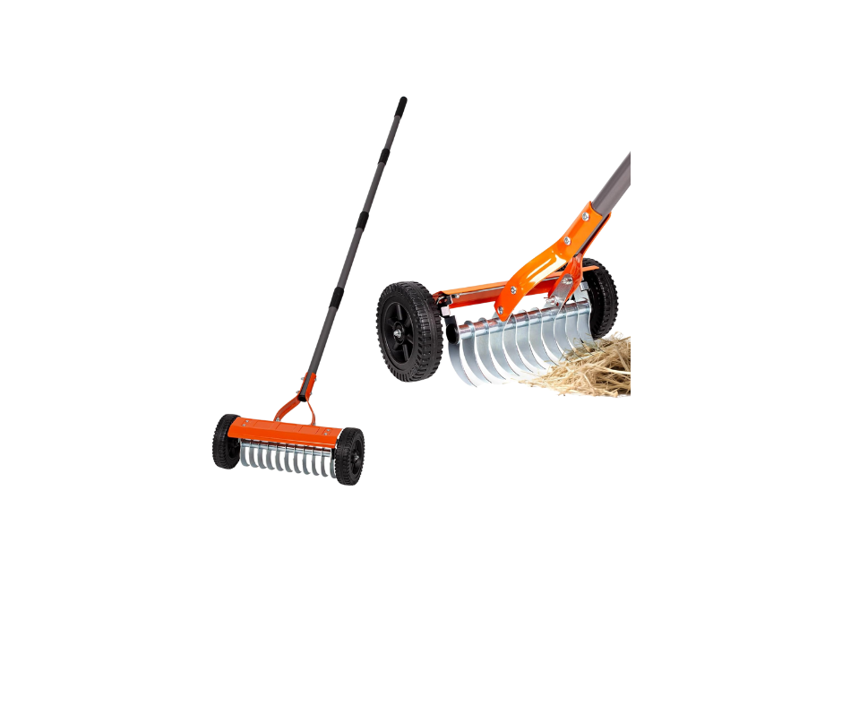 Rolling lawn rake with orange frame,