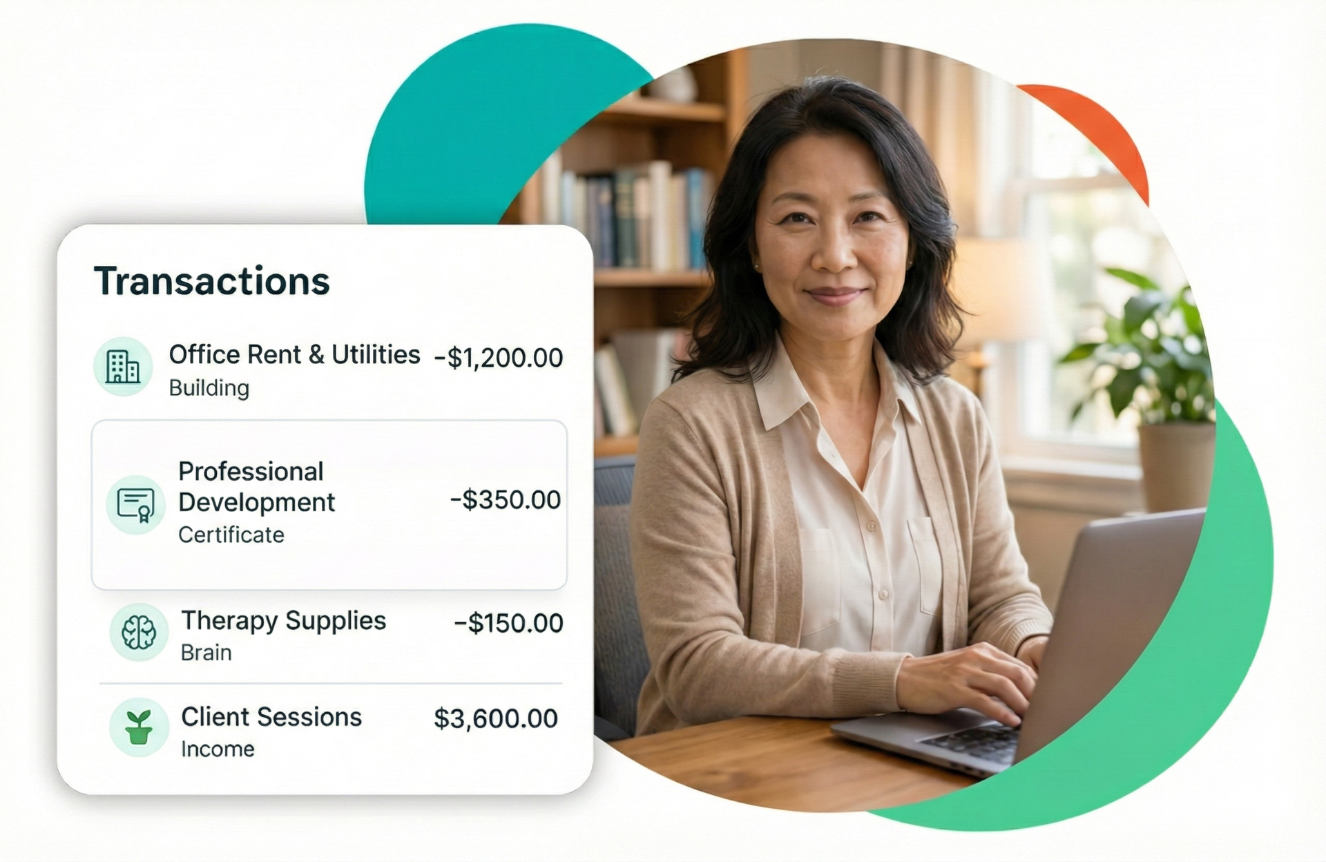 Woman using laptop next to a financial transactions display. Bright green and orange accents, indoor setting.
