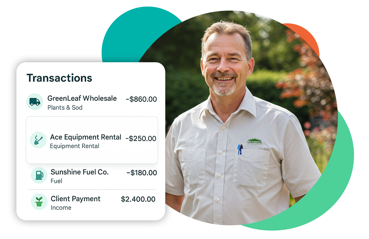 Man smiling, with a transactions list overlaid.