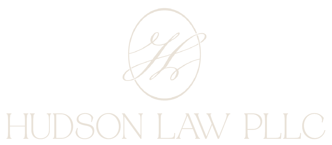 Hudson Law PLLC logo with a circular design element above the text and service categories below.