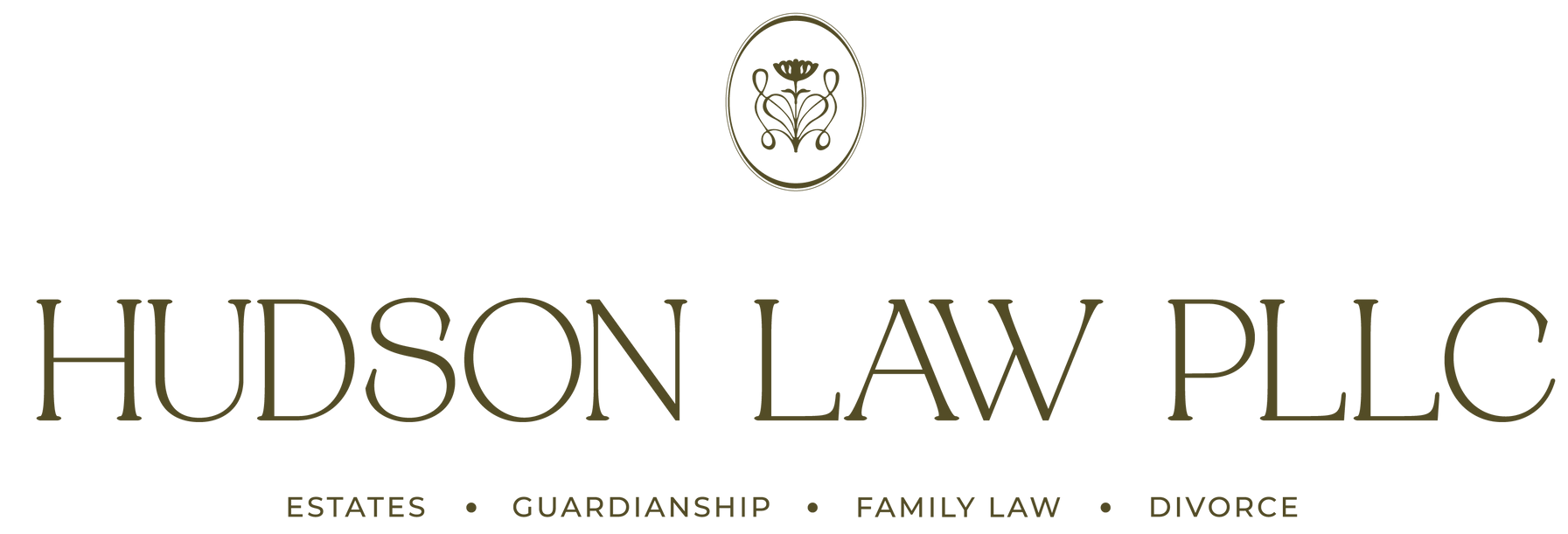 Logo of Hudson Law PLLC, with text and a circular emblem above. Services: Estates, Guardianship, Family Law, Divorce.