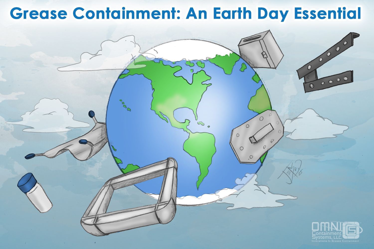 A cartoon drawing of the earth with the words grease containment an earth day essential