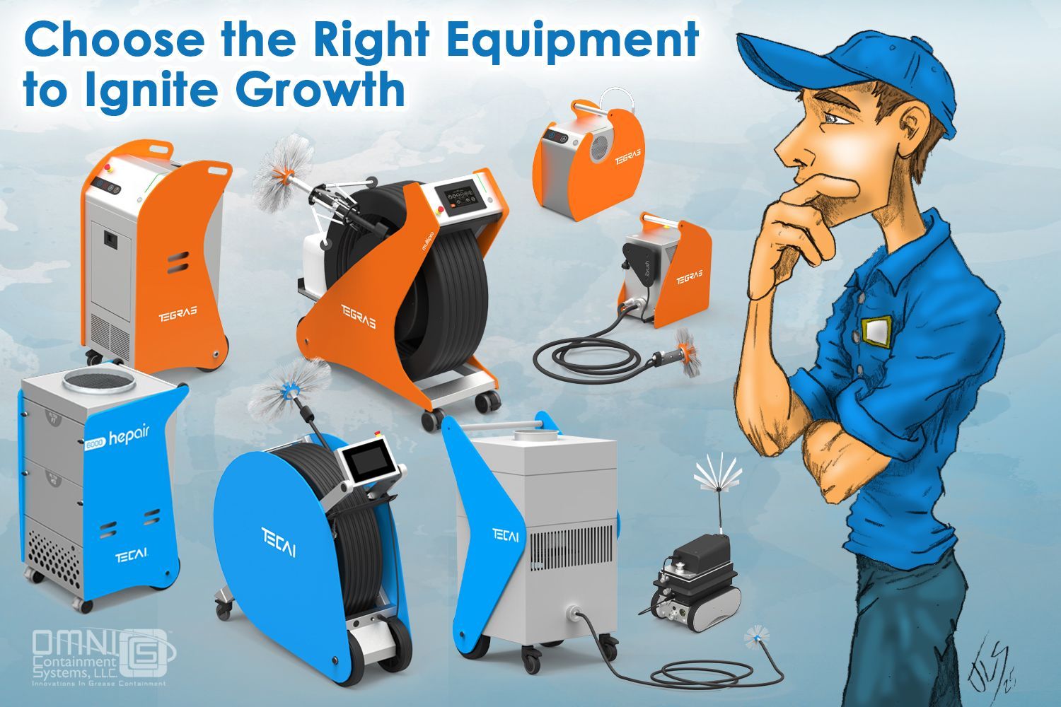 Man contemplating equipment choices: various colored machines. Text: 