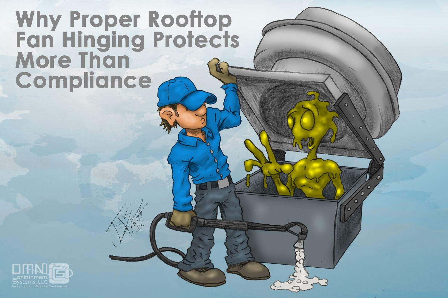 Cartoon of a worker, next to a rooftop fan, reaching for a gooey alien inside the fan's housing.