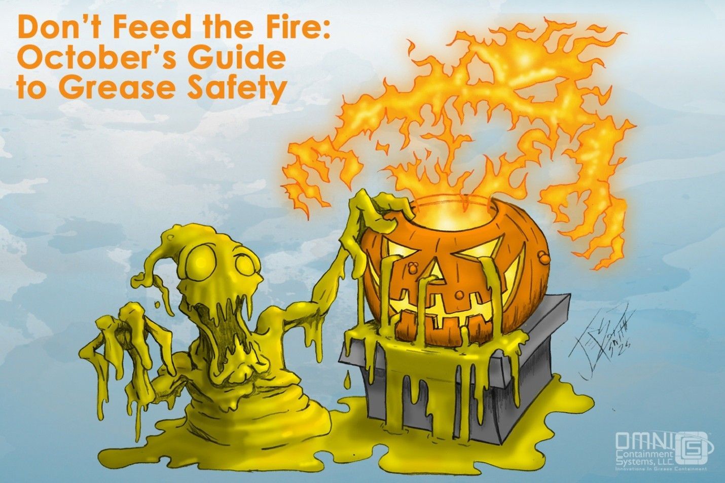 Yellow blob creature, flaming pumpkin, and grease-covered block warn about grease fire dangers in October.