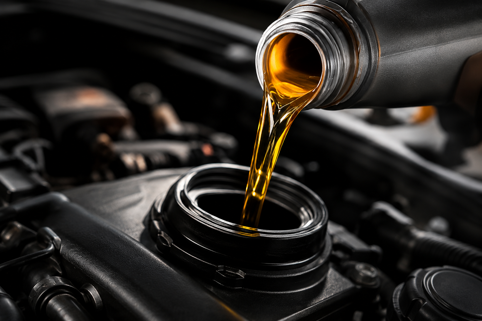 Motor oil pouring from a bottle into a car engine