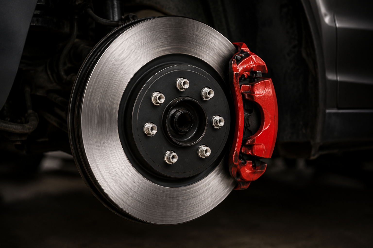 Close-up of a car's brake disc and red caliper on a black wheel hub.
