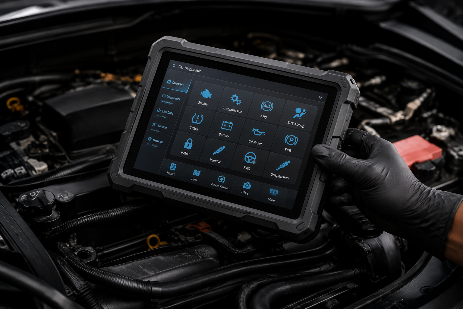 Gloved hands holding a rugged tablet above a car engine, displaying diagnostic icons on screen