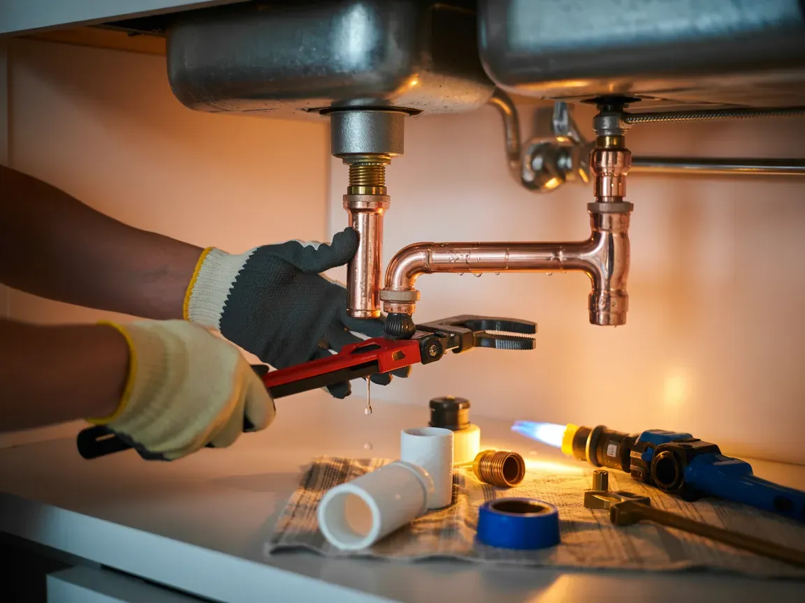Plumber wearing gloves working under a sink, using a wrench and torch on copper pipes.