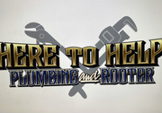 Logo: "Here to Help" Plumbing and Rooter, gold text over blue, with silhouetted wrenches.