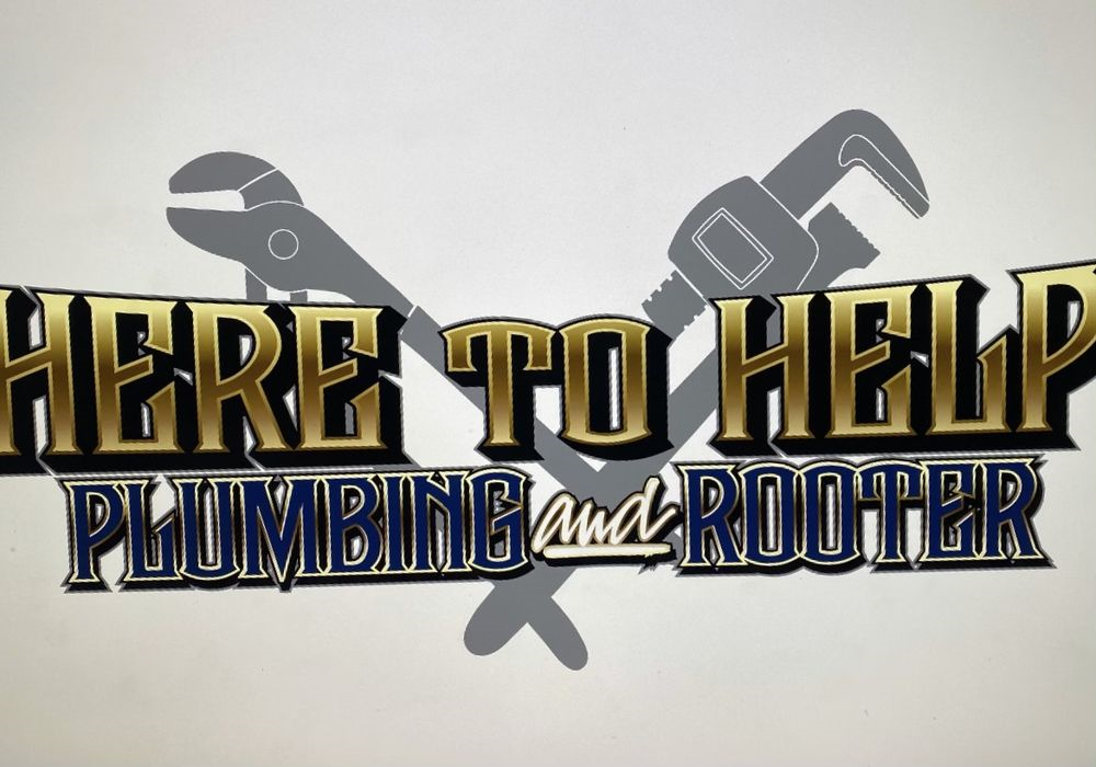 Logo: "Here to Help" Plumbing and Rooter, gold text over blue, with silhouetted wrenches.