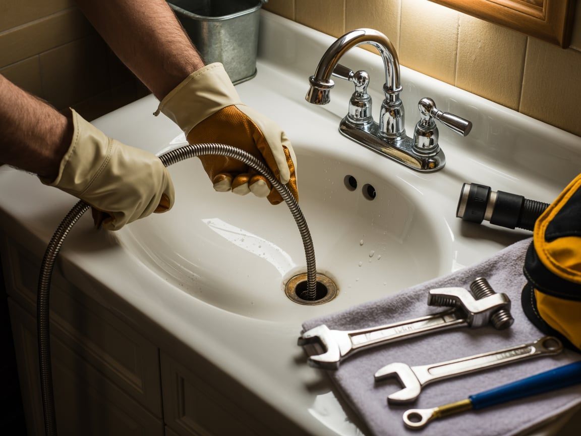 A person uses a plumbing snake to unclog a bathroom sink.