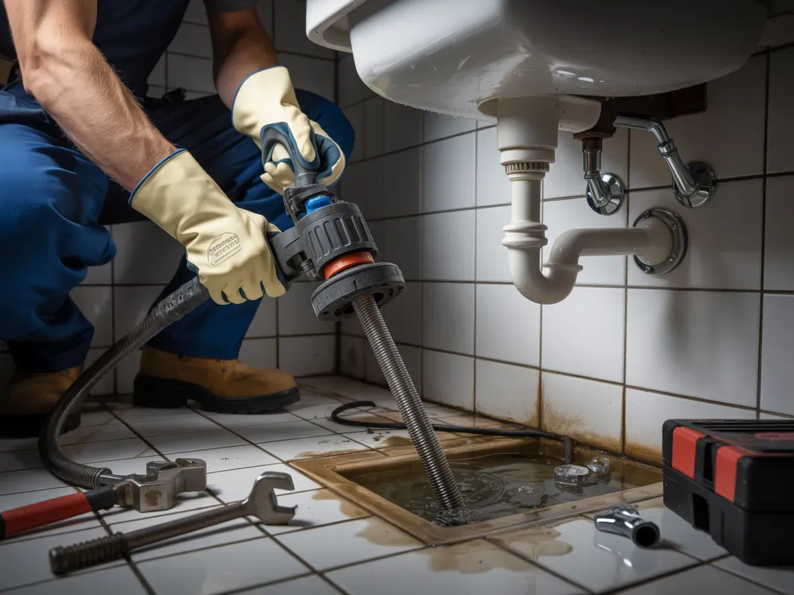 Plumber unclogs a drain under a sink, using a snake tool. The setting is a tiled bathroom.