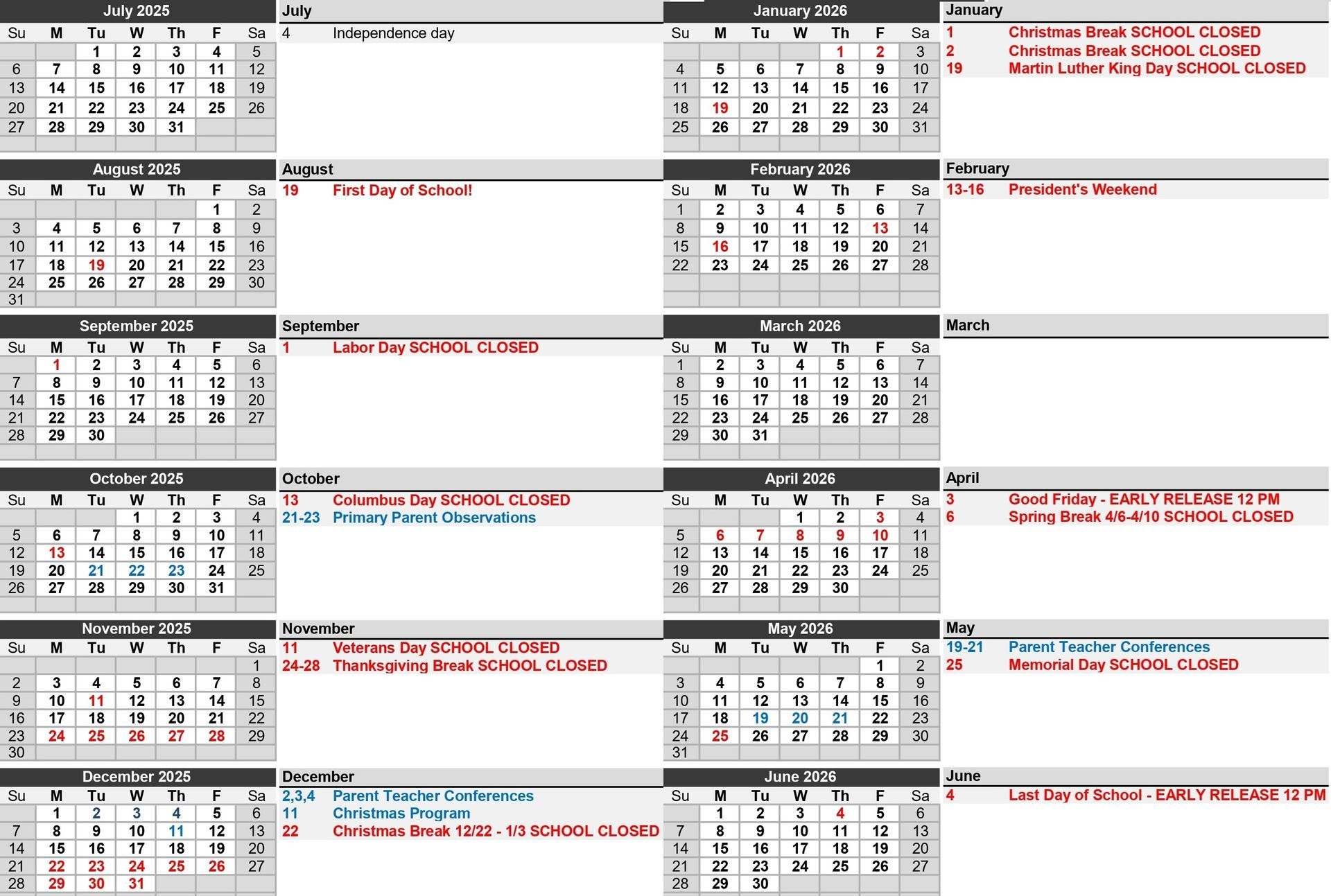 School Calendar 2025-2026