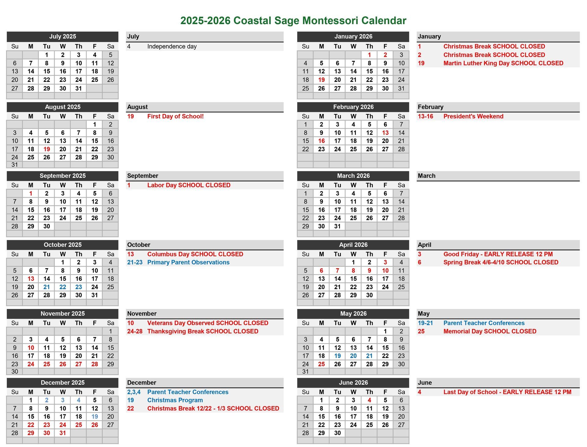 School Calendar 2025-2026