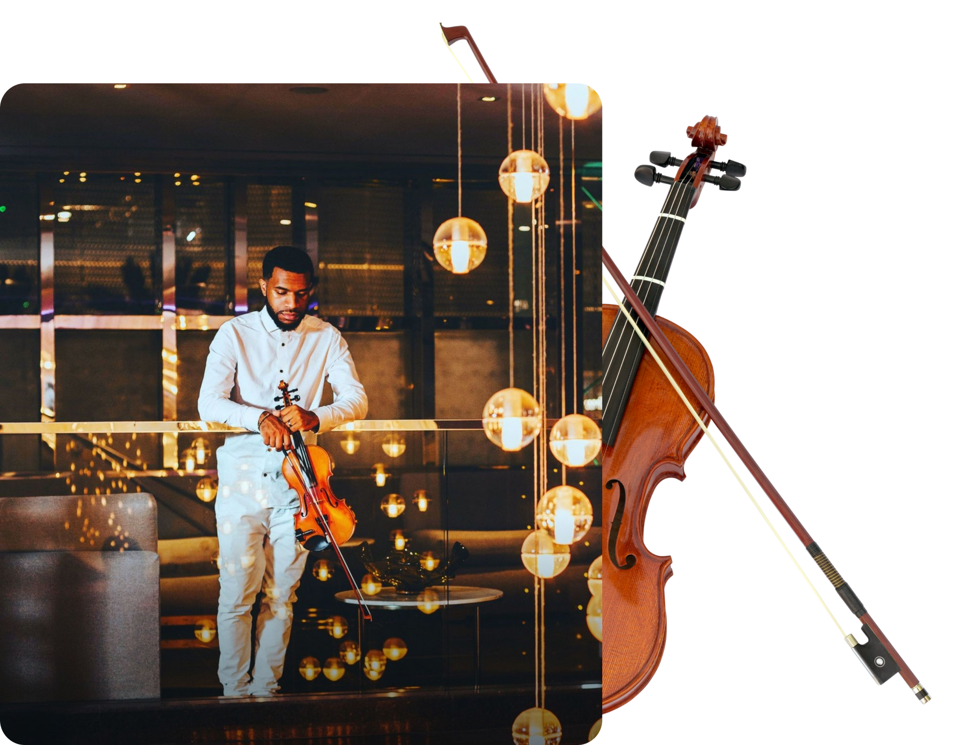 A man is playing a violin, violin sitting behind image.