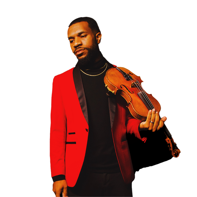 A man in a suit is holding a violin