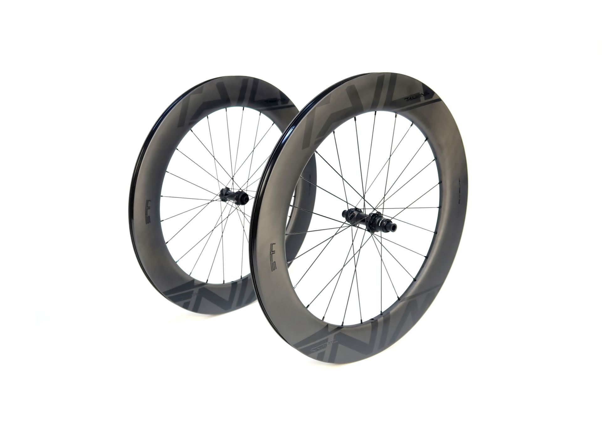 A pair of carbon Tailwind bicycle wheels on a white background.
