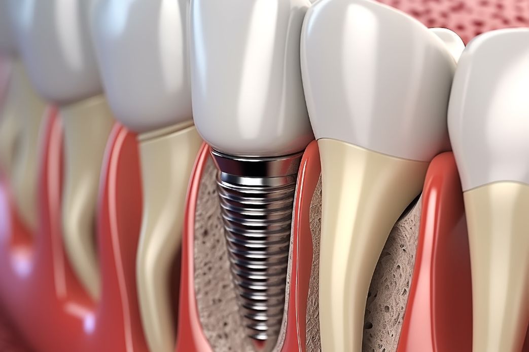 A close up of a dental implant in a row of teeth.