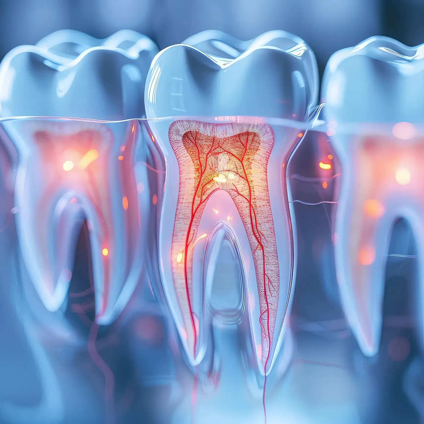 A close up of a model of teeth with a red root.