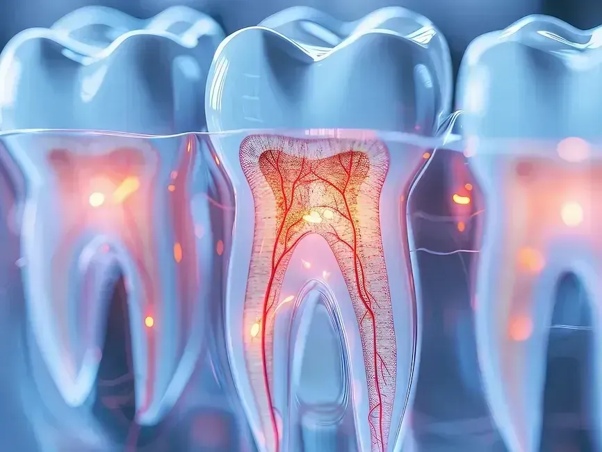 A cartoon illustration of a tooth being drilled with a red screwdriver.
