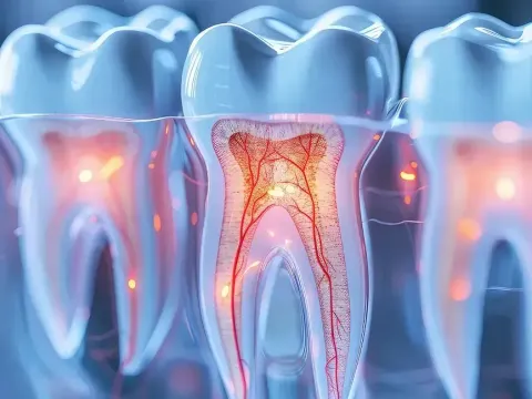 A cartoon illustration of a tooth being drilled with a red screwdriver.