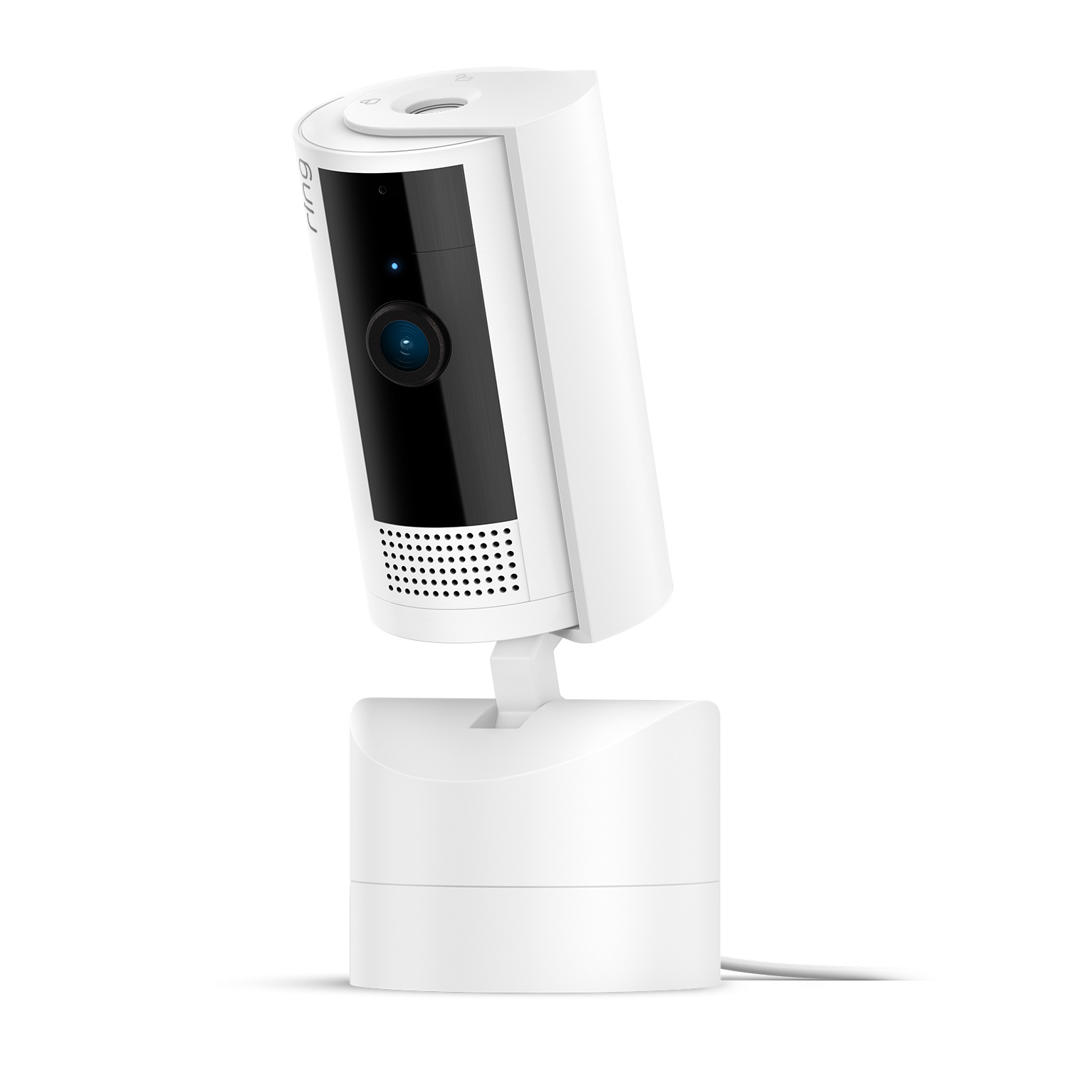 White security camera on a stand, black lens and microphone, angled to the side.
