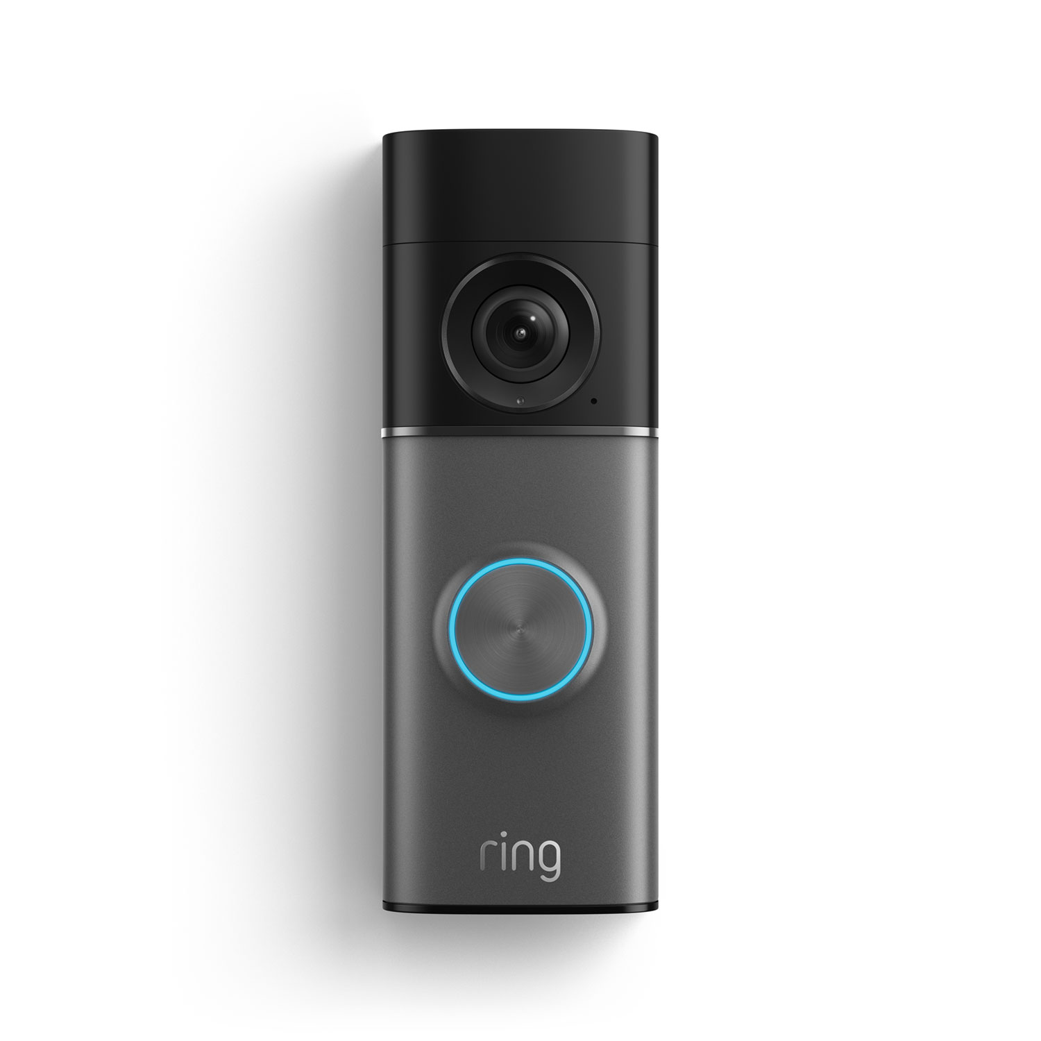 Ring Video Doorbell, dark gray and black, with a camera and blue illuminated button.
