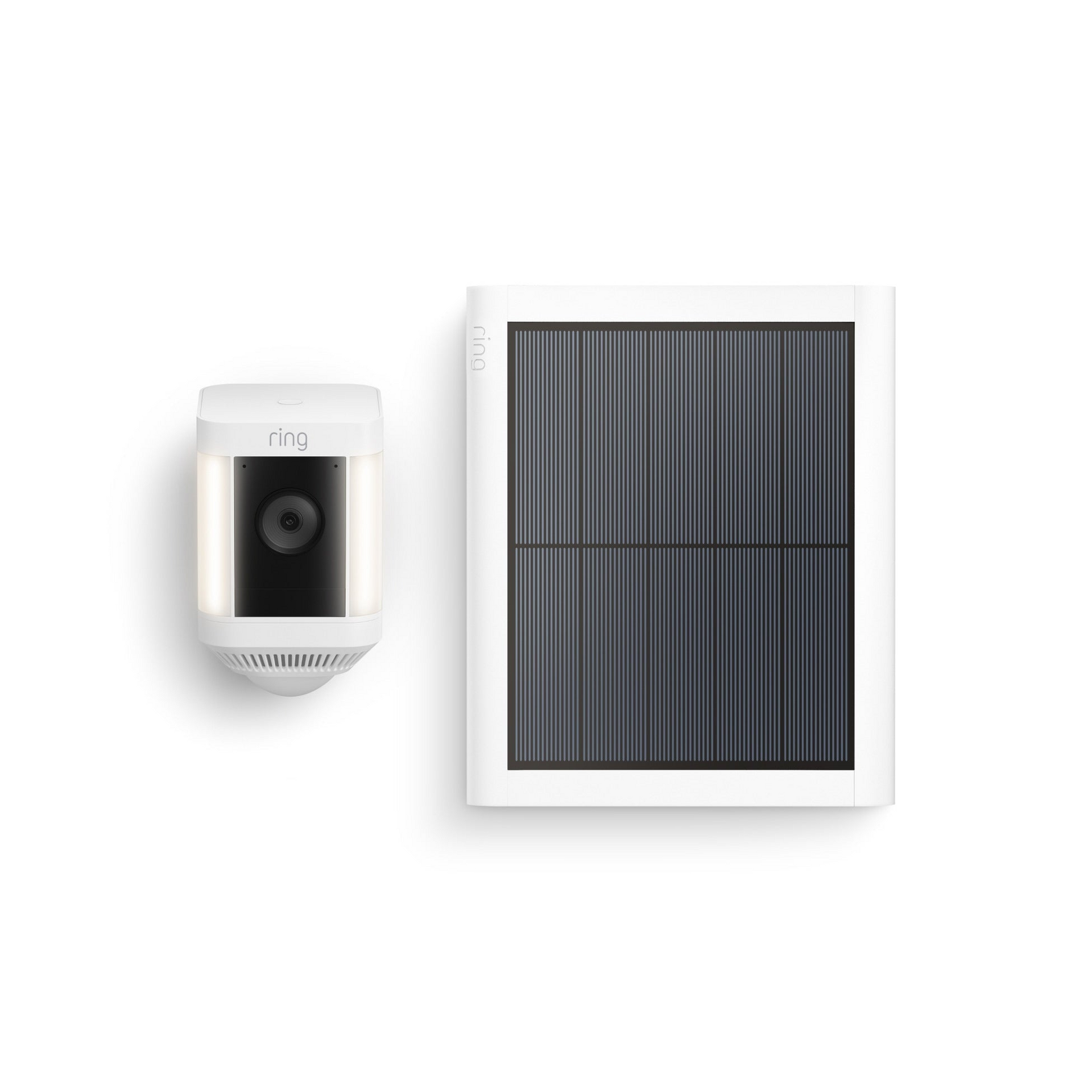 White Ring security camera and solar panel, angled view, on a white background.