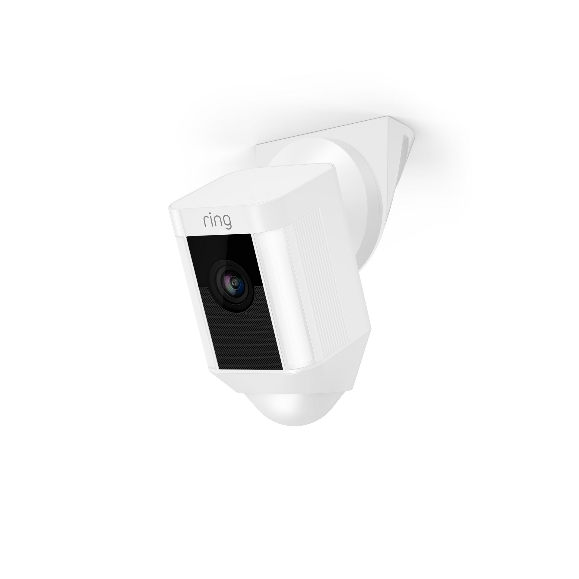White Ring security camera mounted on a surface, angled downward.