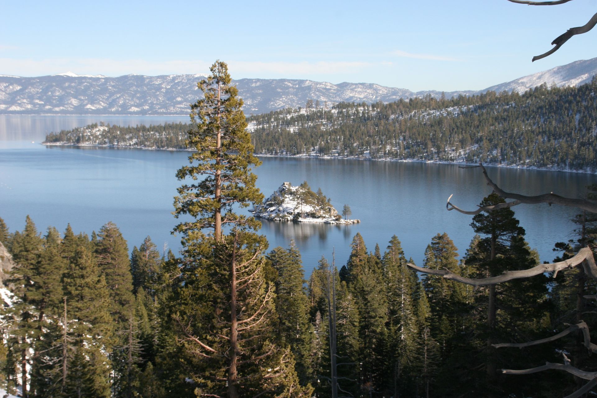 Snowy lakeside view with evergreen trees and small island.