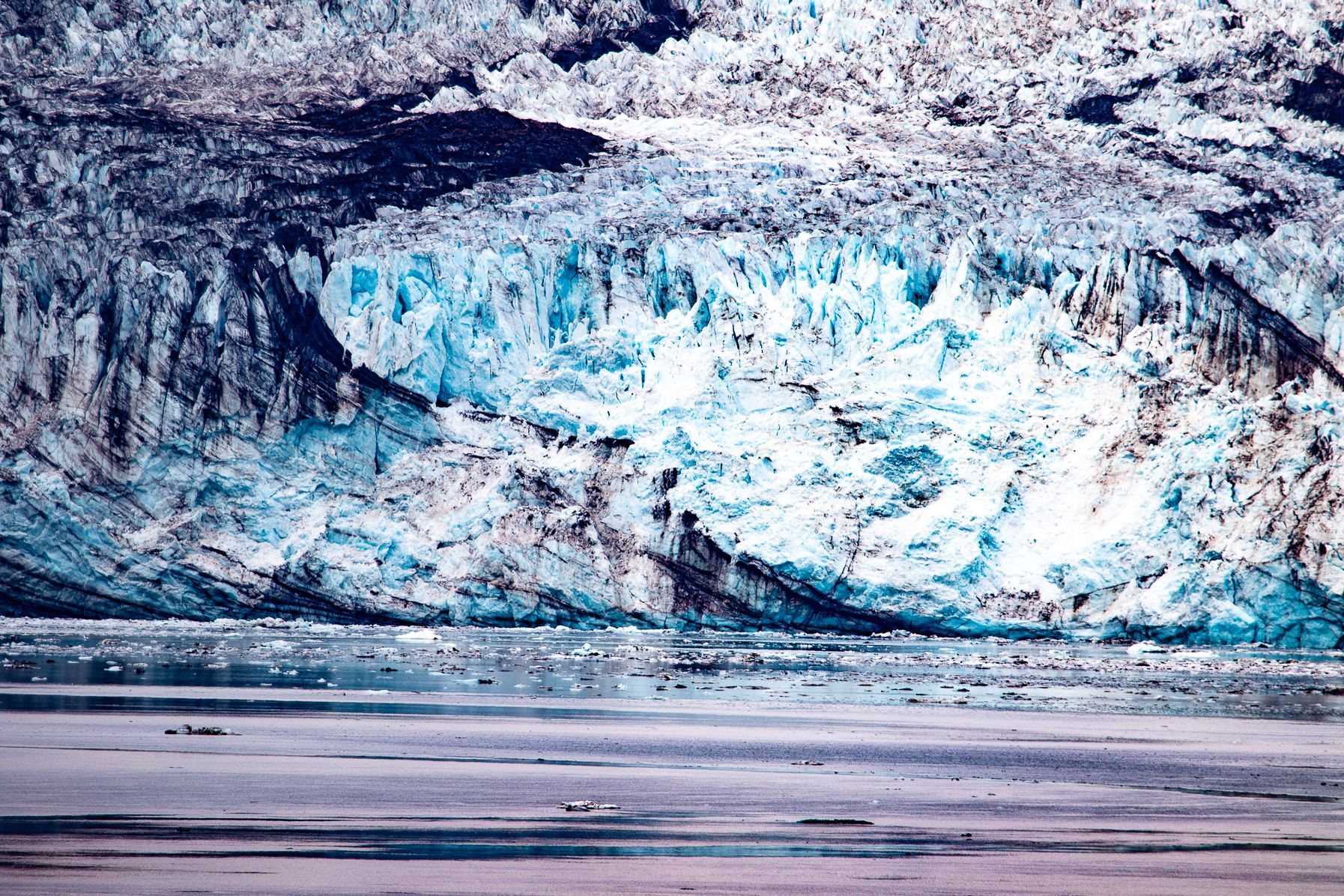 Glacier with bright blue ice calving into a body of water.
