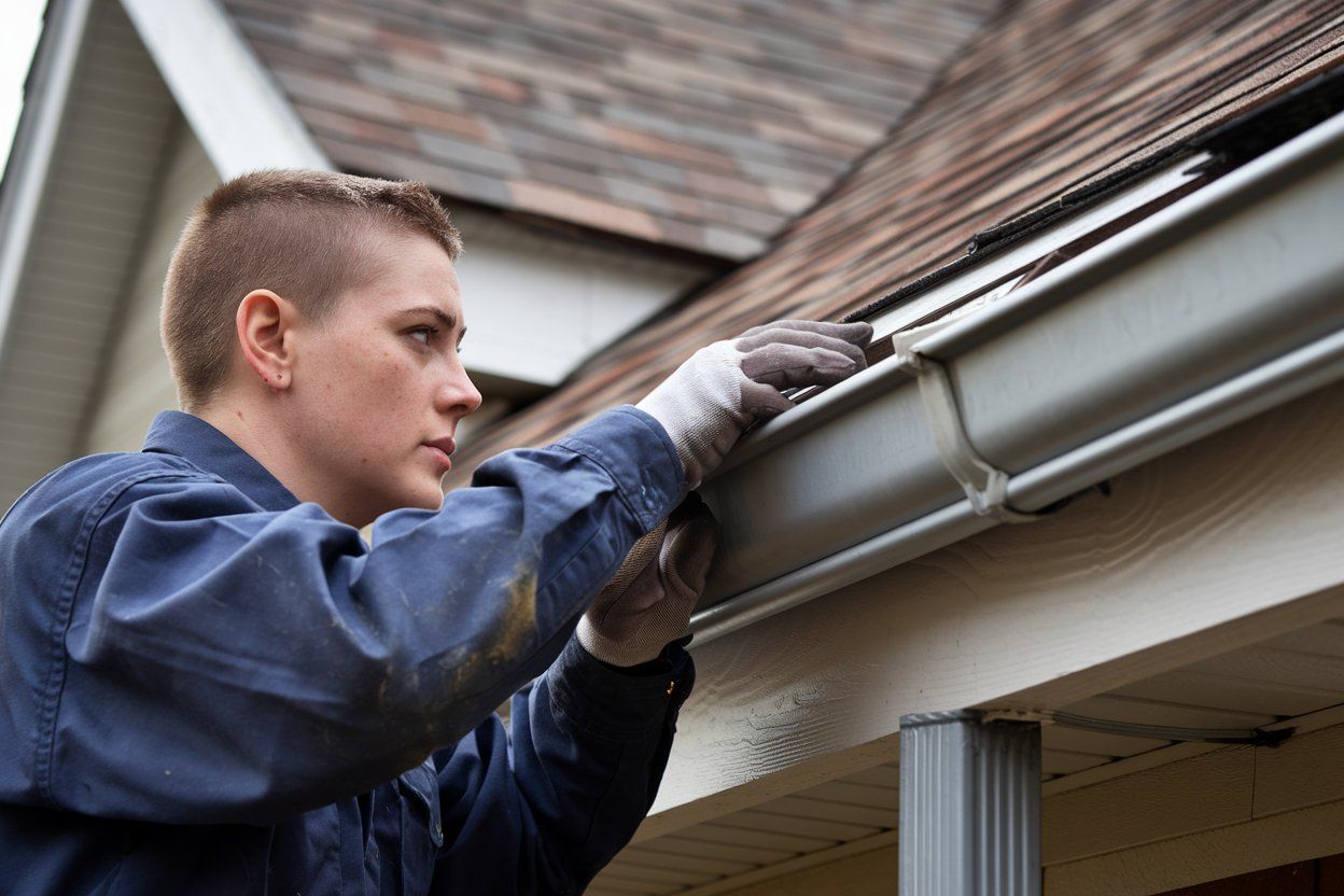 A man is fixing a gutter on the side of a house.