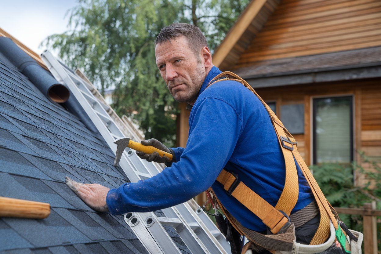 A man is working on a roof with a hammer and a ladder.