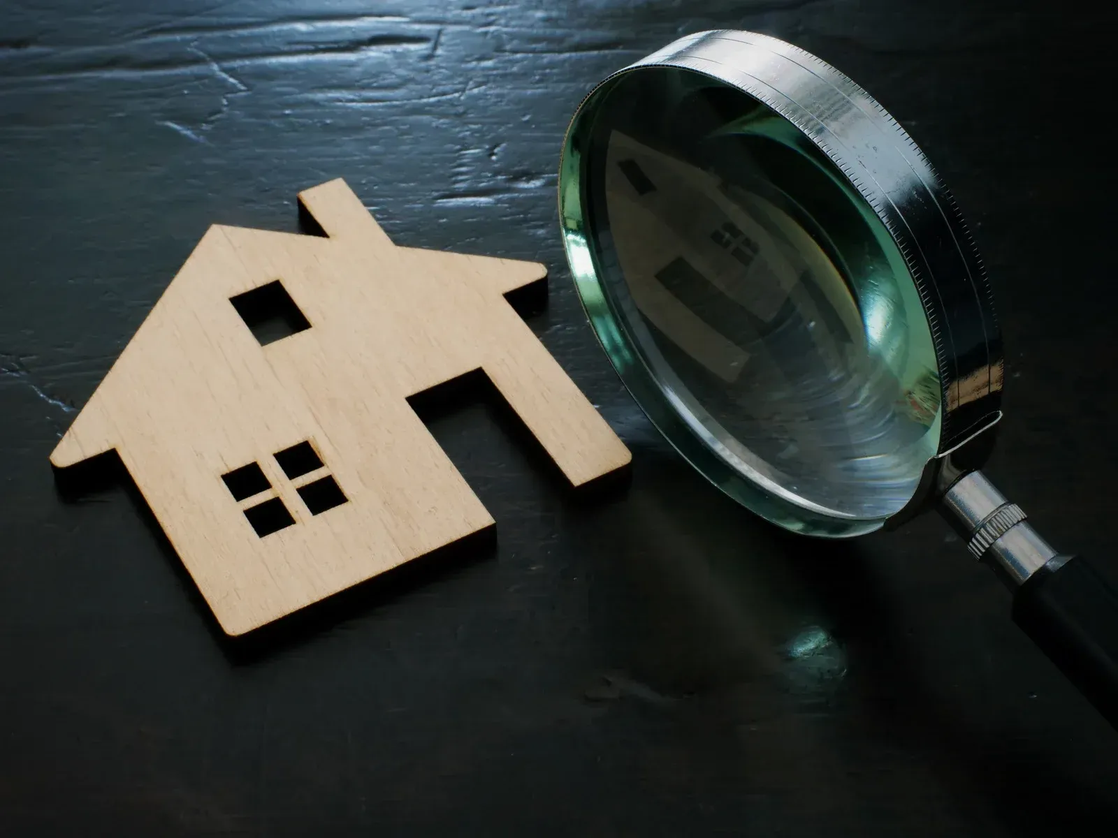 A magnifying glass is sitting next to a wooden house on a table.