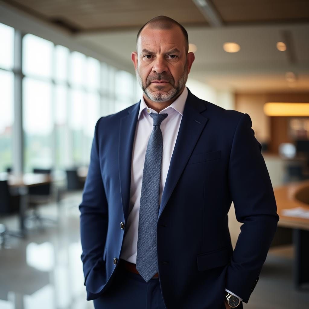 Man in a navy suit stands in a modern office, facing the camera with a serious expression.