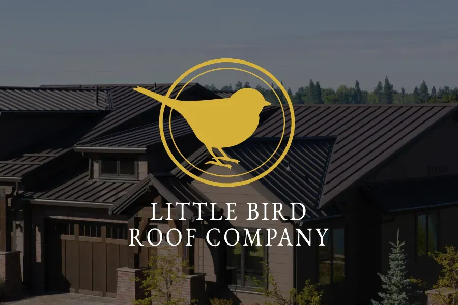 Logo of Little Bird Roof Company overlaid on a dark roof; a yellow bird within a circle, white text.