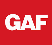 GAF logo, white letters on red background.