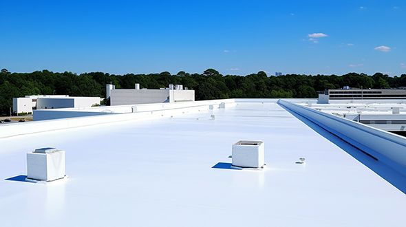 White commercial roof with two square units, blue sky, trees in the background.